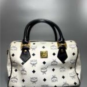 Authentic MCM White Logo Satchel with Black Handles- mini boston